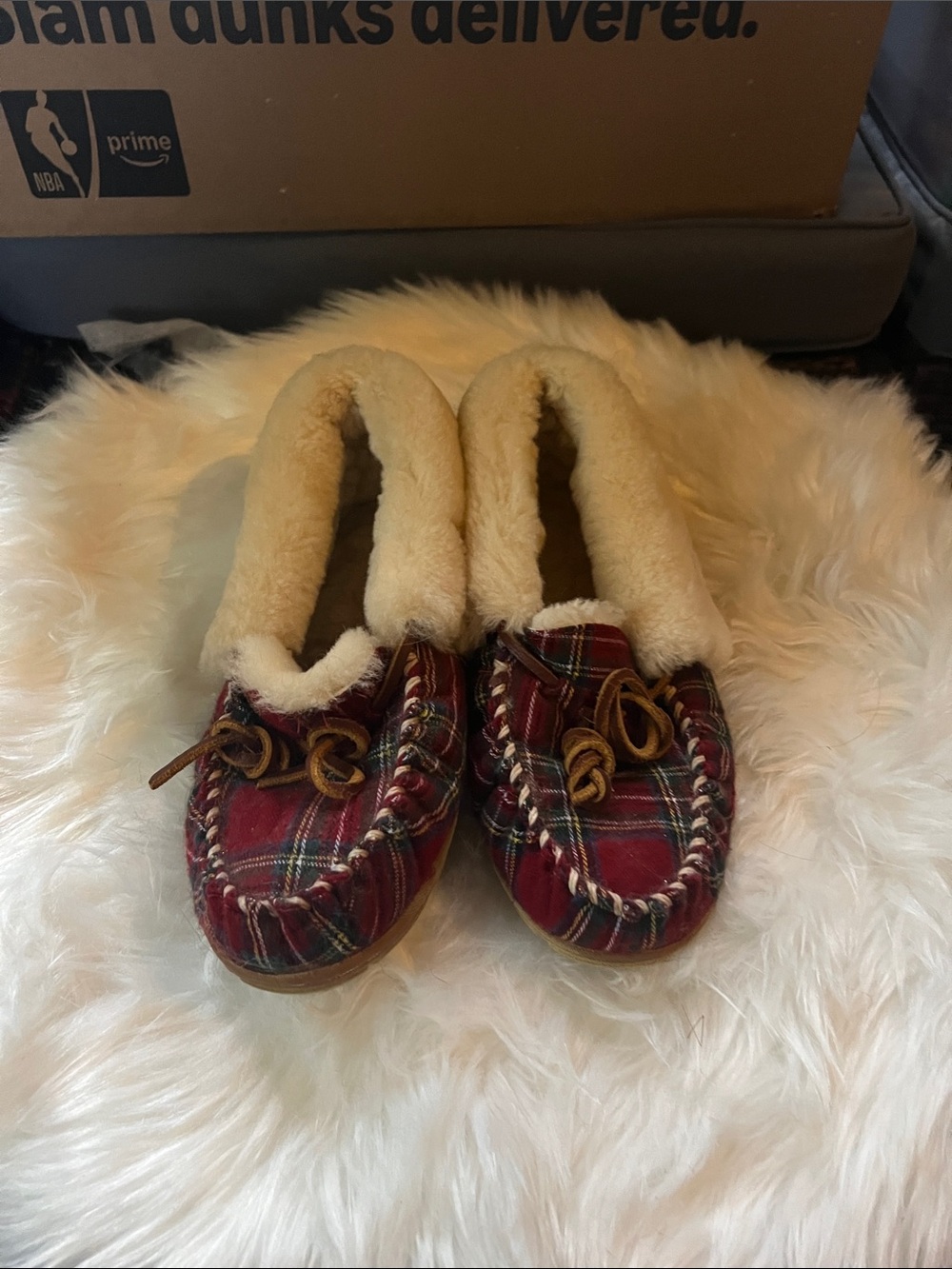 L.L. Bean Cozy Red Plaid Shearling-Lined Women's Moccasin Slippers